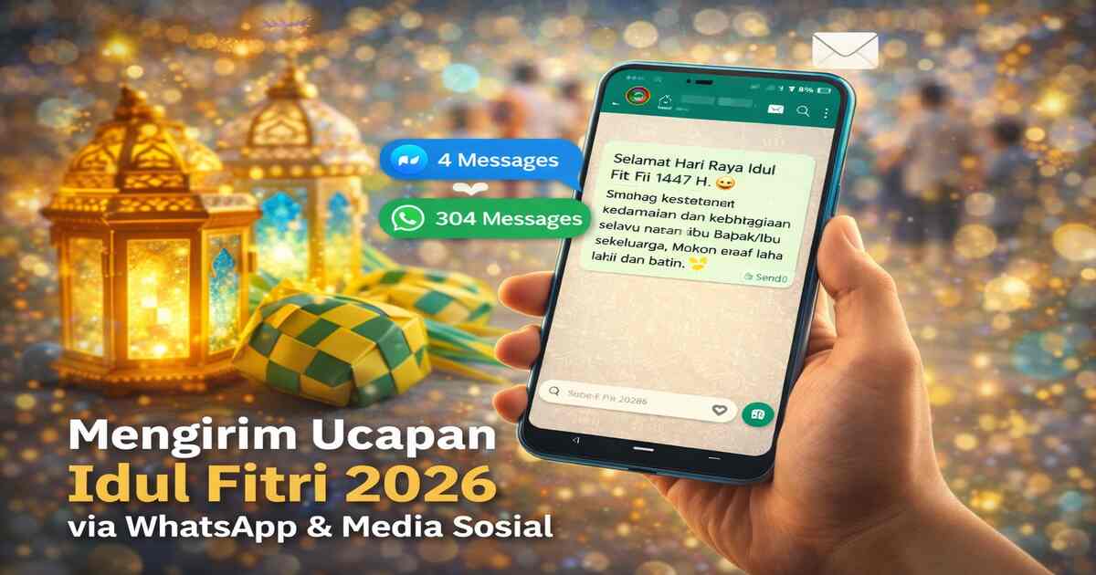 Ilustrasi seseorang mengirim ucapan Idul Fitri 2026 melalui WhatsApp dan media sosial dengan suasana hangat Lebaran